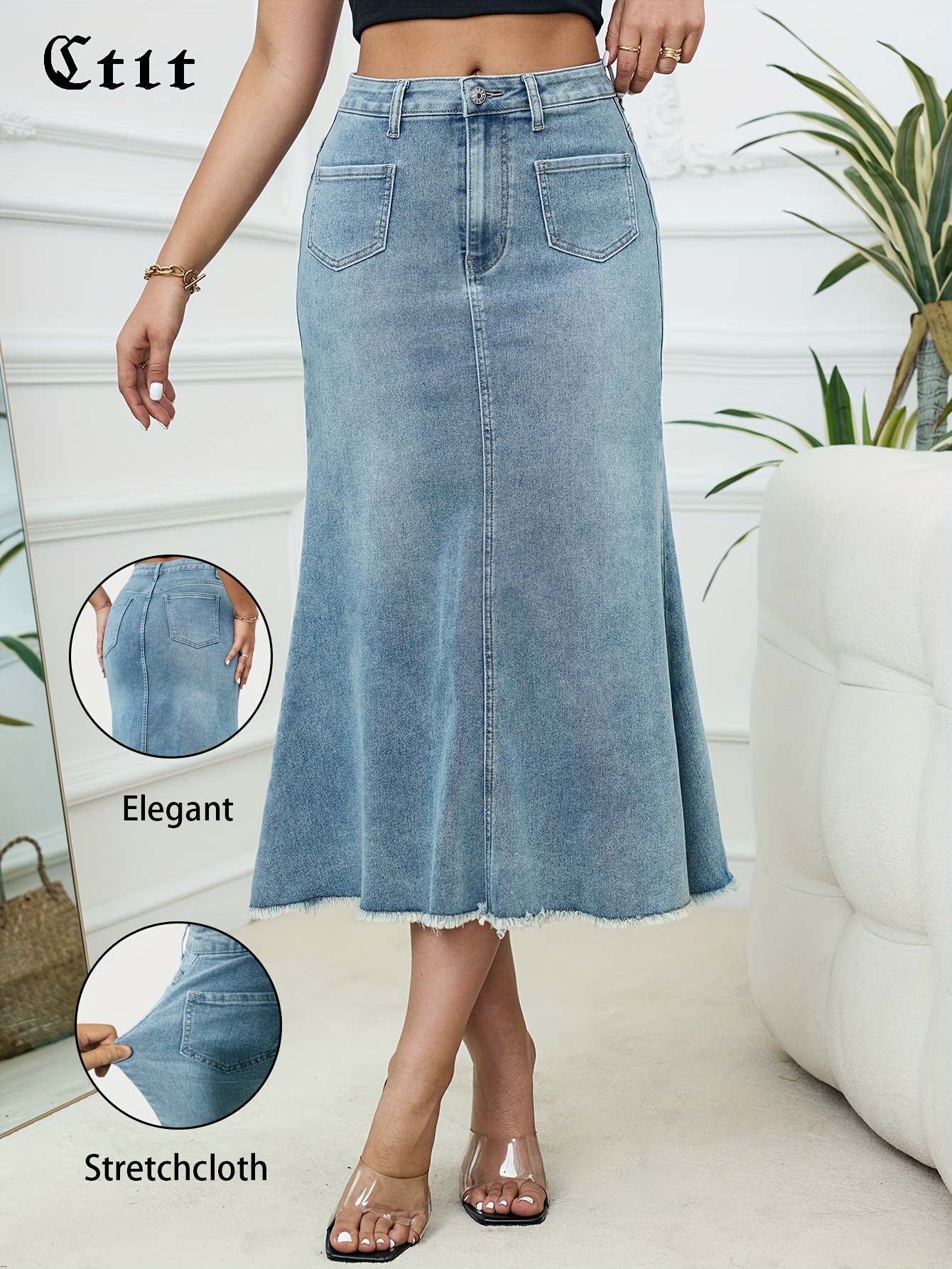 women's high-waisted mermaid denim maxi skirt stretchy, elegant