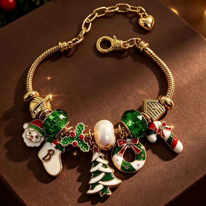 TEMU Christmas Themed Diy Beaded Snake Chain Bracelet - Santa Claus/christmas Stocking/christmas Tree/wreath/candy Cane/pendant, Golden Adjustable