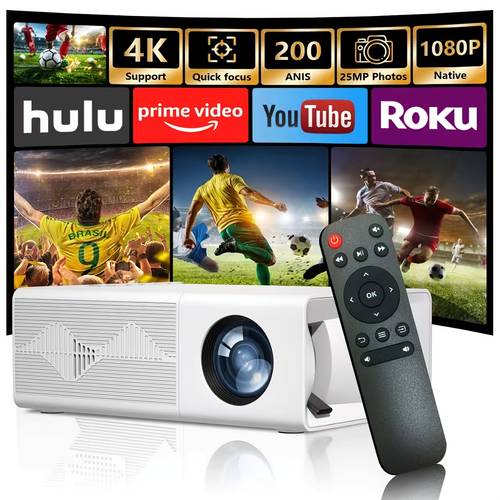 Supports 4K HD Projector, Local 1080P Resolution, 200 Brightness, Compatible with Multiple Devices, 25 Million Pixels, Suitable for Home Theaters/Offices/Living Rooms/Bedrooms/Holiday Gifts