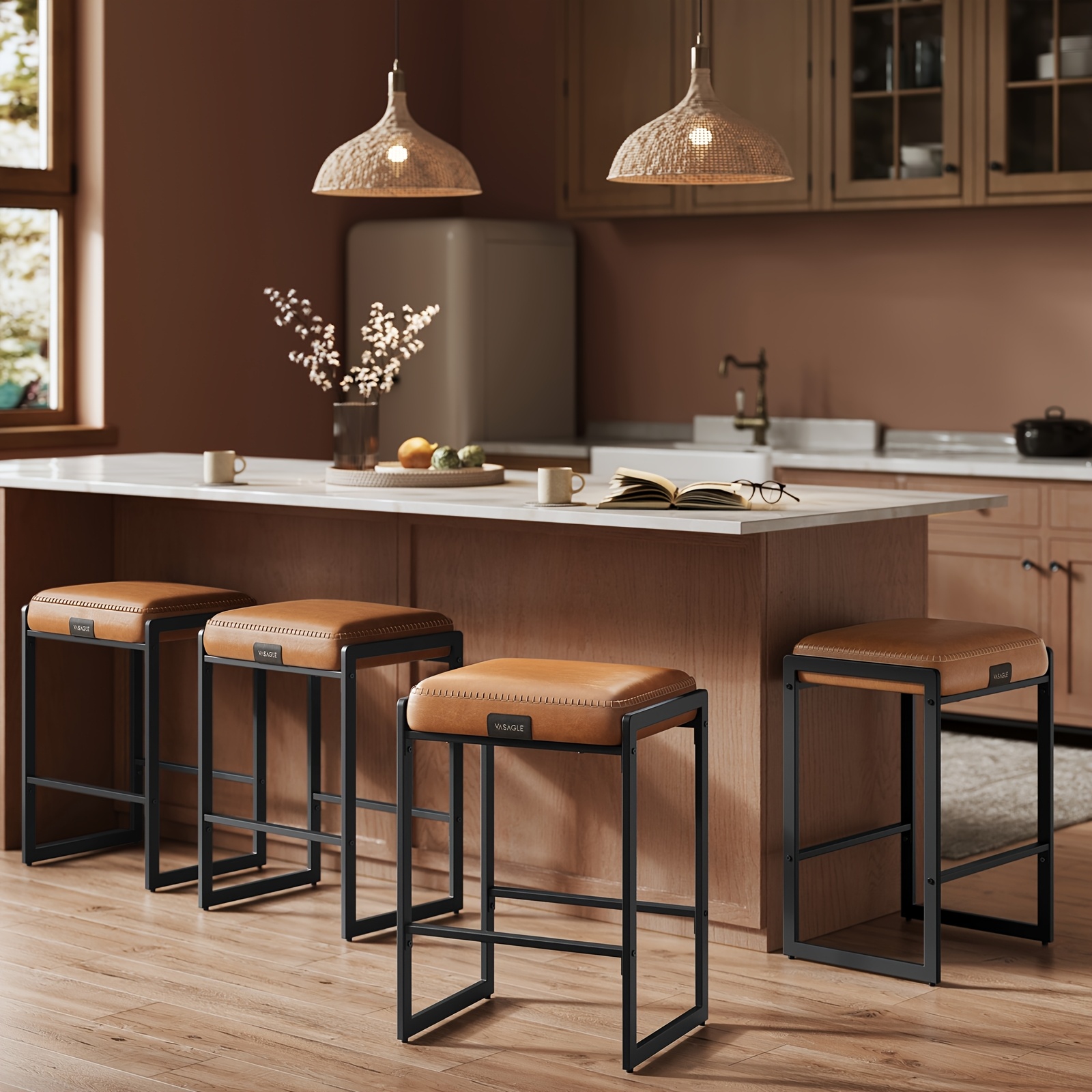 TEMU Collection - Lot de 2 tabourets de bar, style moderne du du siècle, tabourets de comptoir de cuisine, cuir synthétique avec coutures, hauteur 26