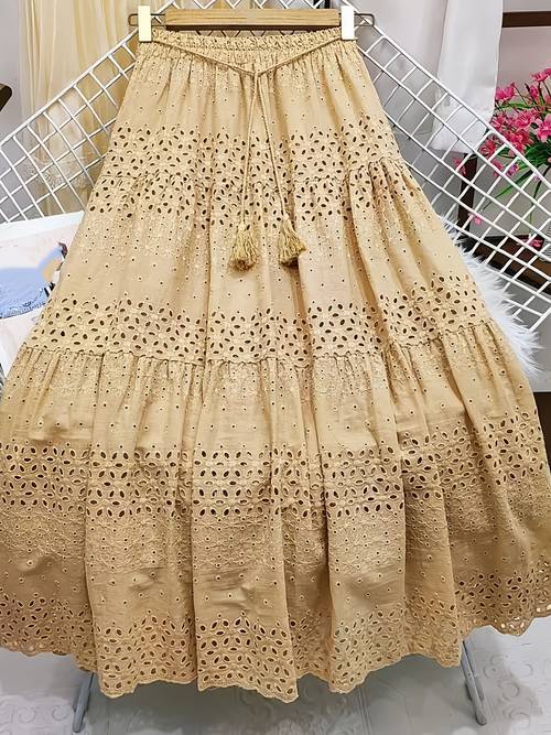 2025 new womens bohemian style elastic waistband skirt lace embroidery and design adjustable drawstring flowing layered a line skirt washable casual vacation outfit fit elastic waistband