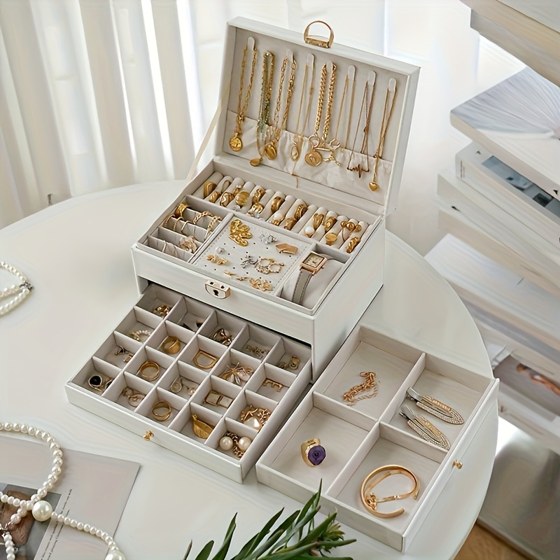 luxury key lock jewelry box - elegant divided storage box, suitable for necklaces, earrings, bracelets, watches -   design, soft lining - perfect gift for valentine s day, christmas, birthday - home or boutique display box -    , pink, white - synthetic   leather jewelry storage box, exquisite design with key lock closure, ideal for thanksgiving, jewelry boxes Product details 1