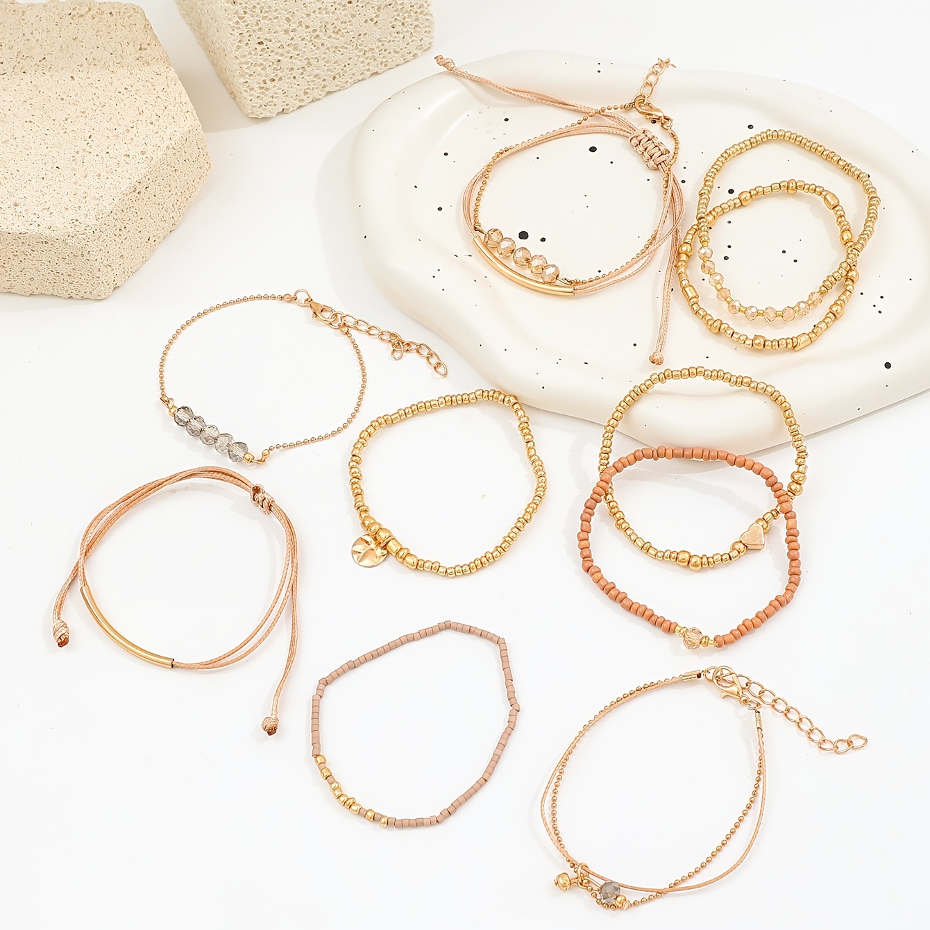 TEMU 11pcs Set, Plastic Glass Rice Beads, Beaded Rope, Iron Chain, Bracelet, Stacked Wear Set, Fashionable, Versatile, Elegant, Casual, Khaki,