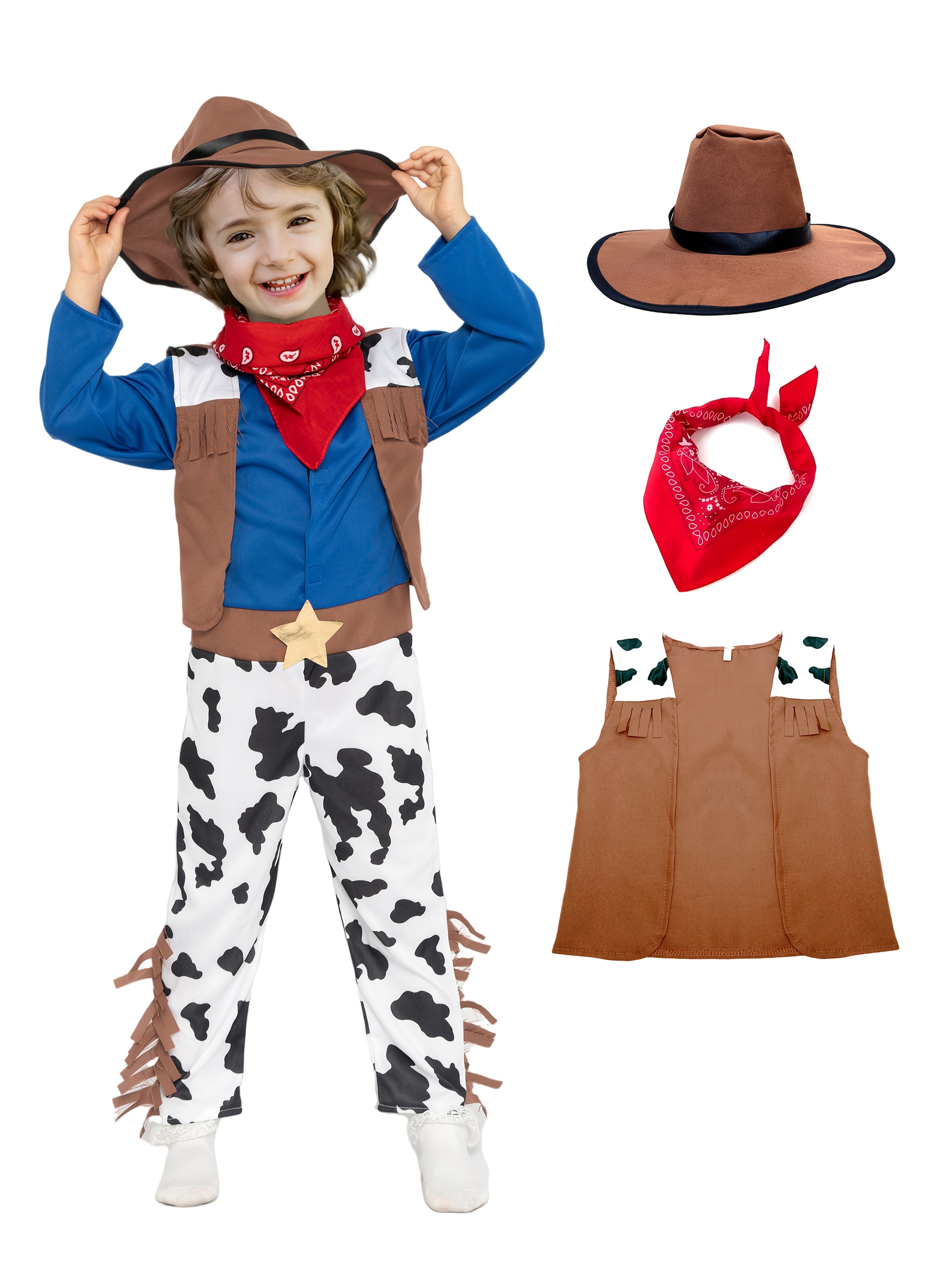 Halloween Cowboy Costume for Boys, Kids Cowboy Costume Set, Brown Western  Style Cowboy Outfit with Hat for RolePlay Party
