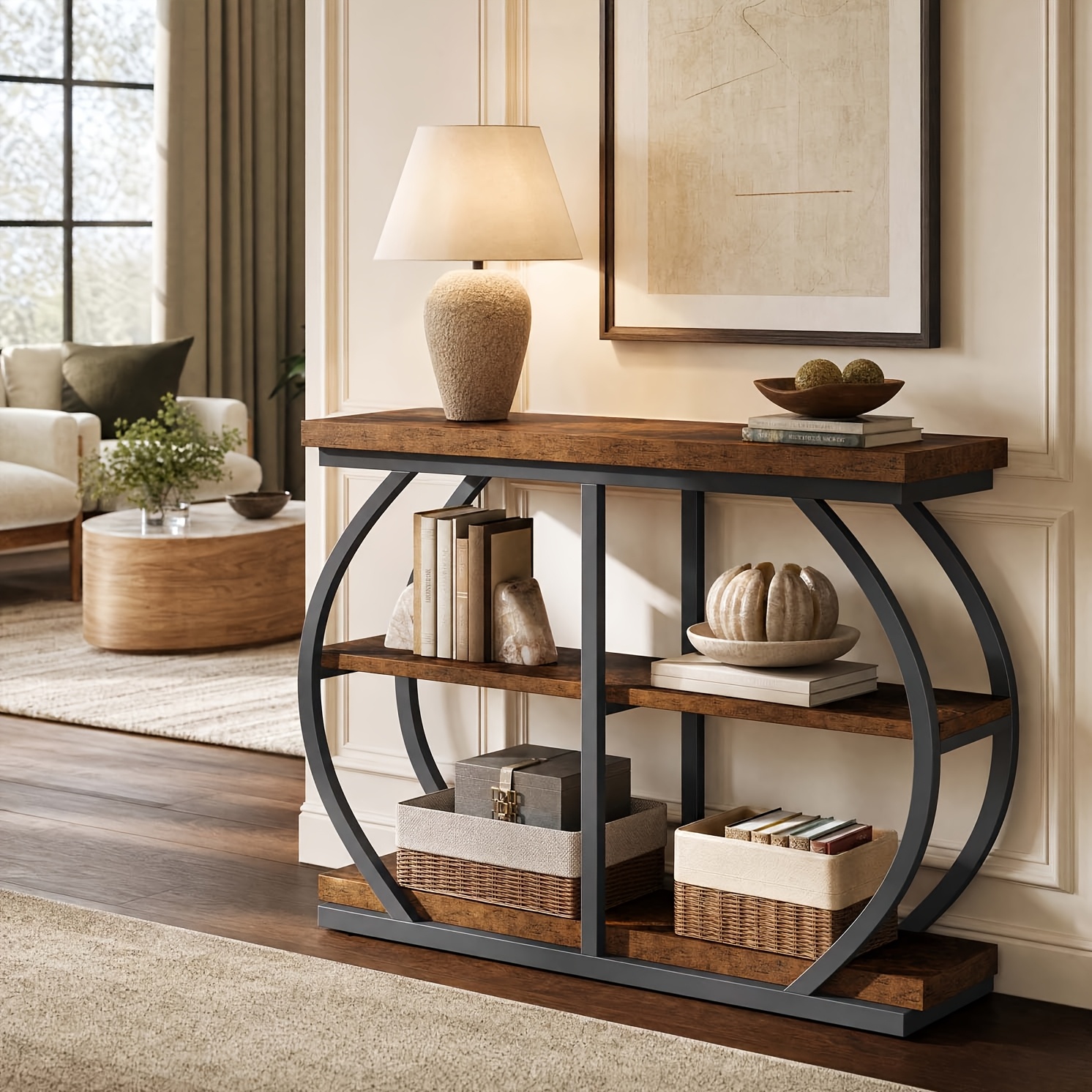 Rustic Brown 41.3" Console Table - Industrial 3-tier Entryway Table With Arched Metal Frame And Storage Shelves For Living Room And Hallway