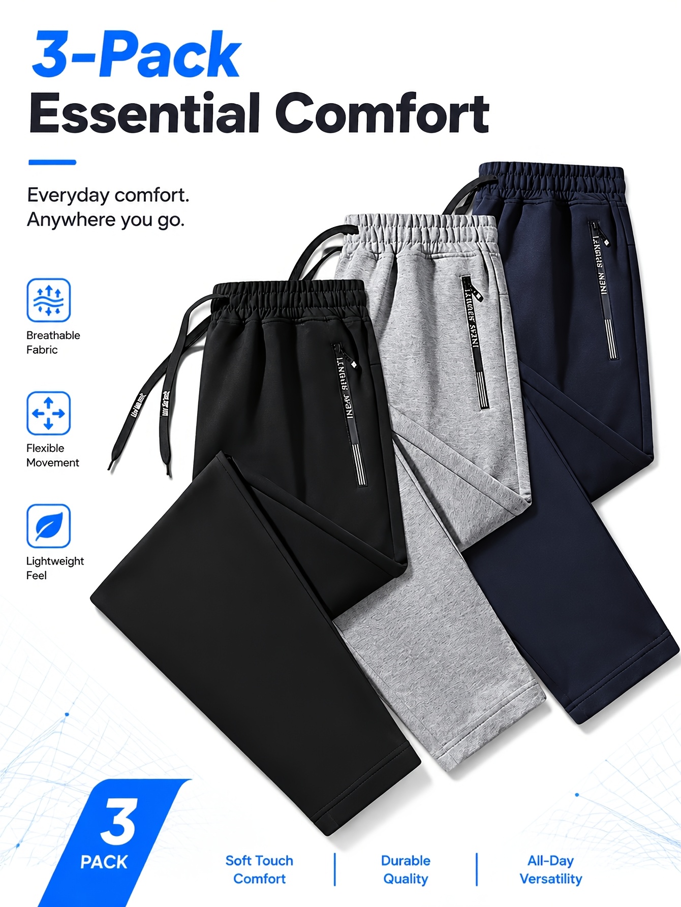 item picture 3pcs Men's Jogger Pants Soft Stretch Sweatpants for Gym, Home, And Streetwear Styling
