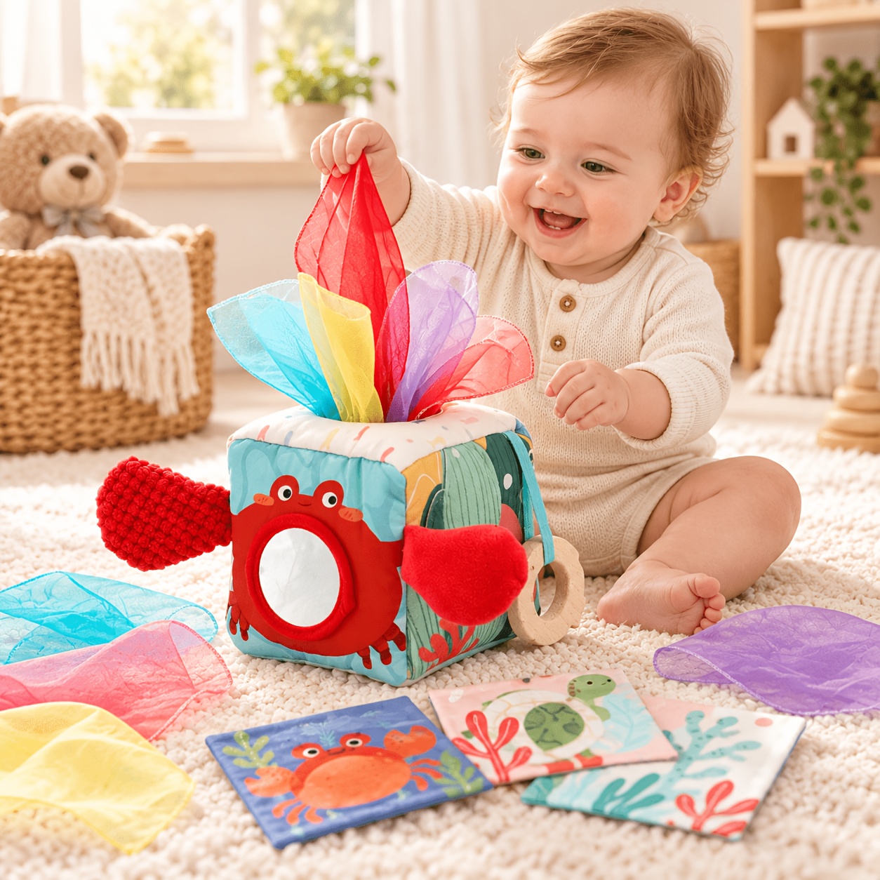 TEMU 16pcs Ocean Theme Activity Cube Toy, Pull Scarf Tissue Box Toy Set With 12 Colorful Scarves And 3 Learning Cards, Crab Cube For Gift
