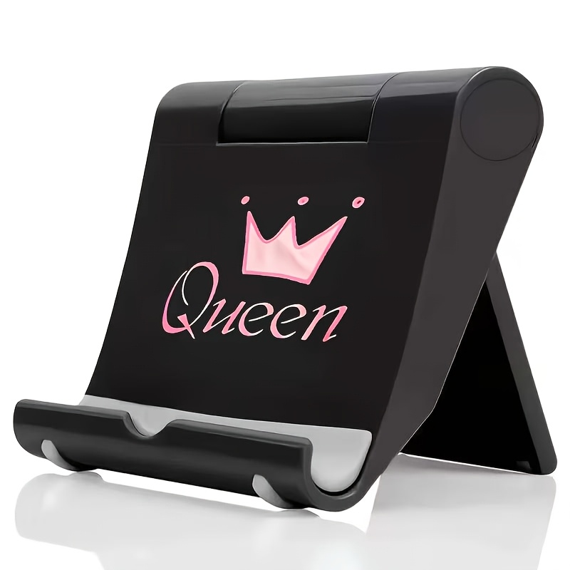 TEMU 1pc Adjustable Foldable Desktop Phone And Tablet Stand, Pink Crown And Queen Cursive Letter Print Portable Universal Device Holder, Anti-slip