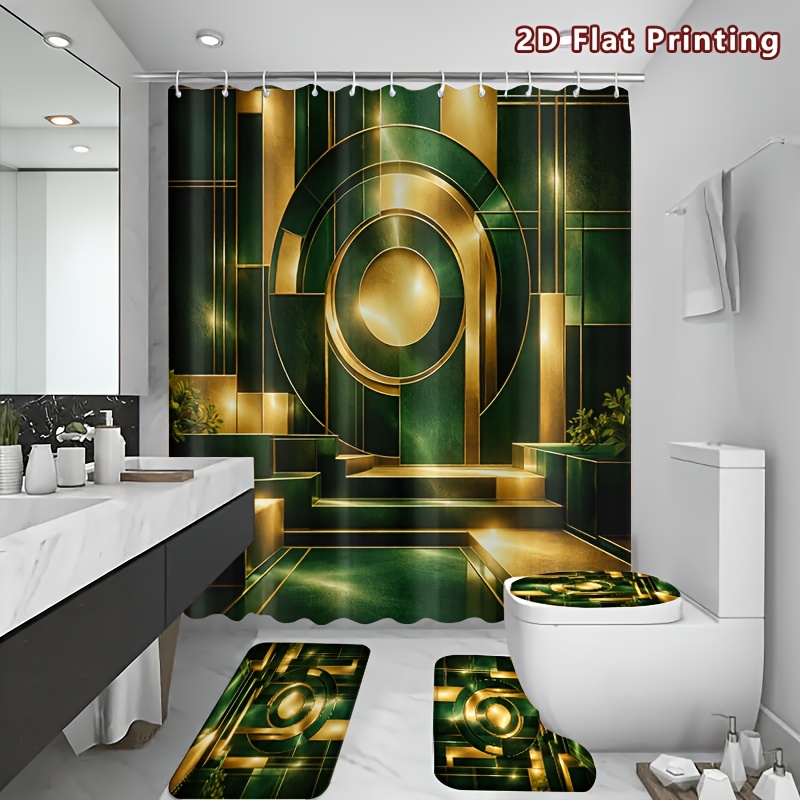 4pcs Geometric Art Deco Shower Curtain Set with Bath Mat