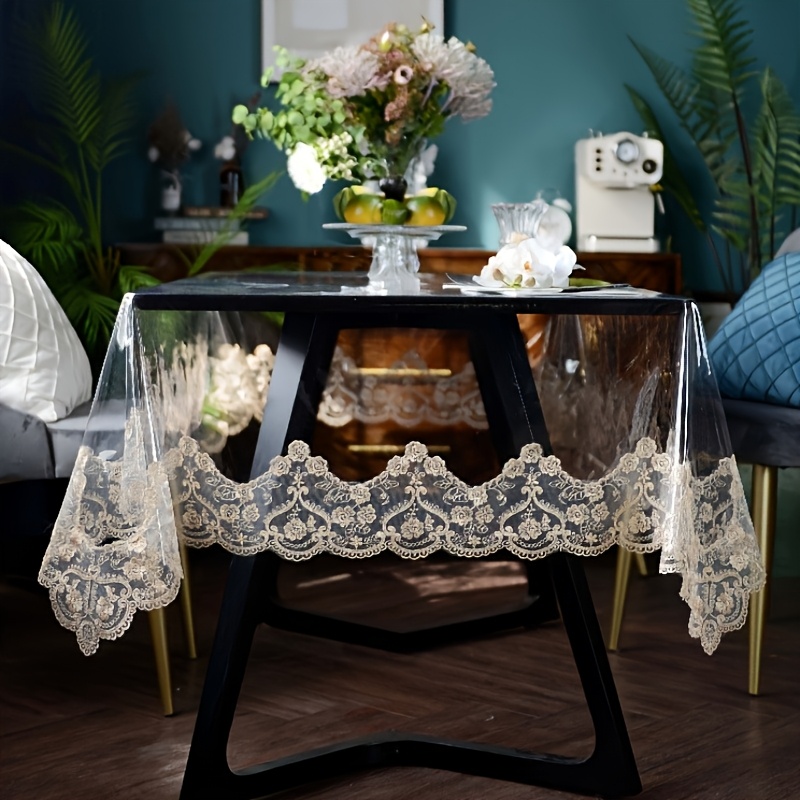 1pc elegant pvc tablecloth with lace trim dust resistant easy clean square table cover for dining room kitchen parties outdoor decor dining table decoration