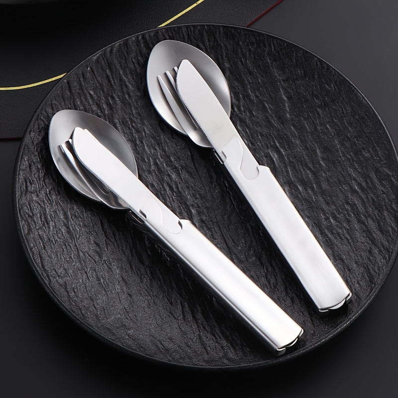personalized and travel friendly stainless steel outdoor cutlery set with knife fork and spoon including bottle opener   stainless steel portable camping and travel gear in vintage golden and silvery color Product details 1