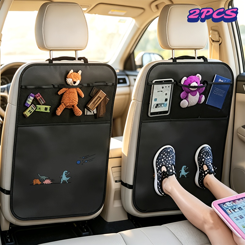 TEMU 2pcs Cartoon Dinosaurs Running Away From Asteroid Back Seat Covers With 3-pocket Storage Organizer, Large Kick Mats For Backseat, Easy To Grab