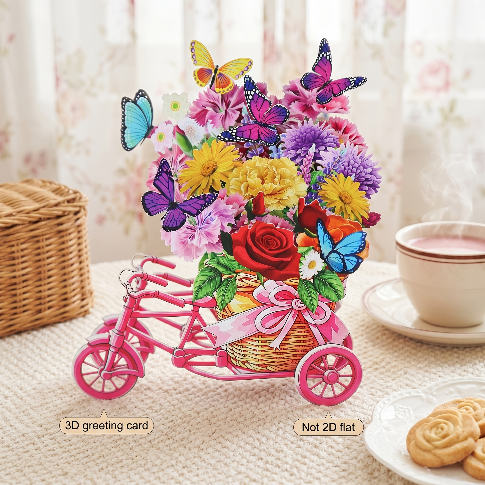 TEMU Pink Bicycle Basket 3d Pop-up Greeting Card, Vibrant Roses, Daisies, And Chrysanthemums Mixed Bouquet With Colorful Butterflies And Bow Ribbons,