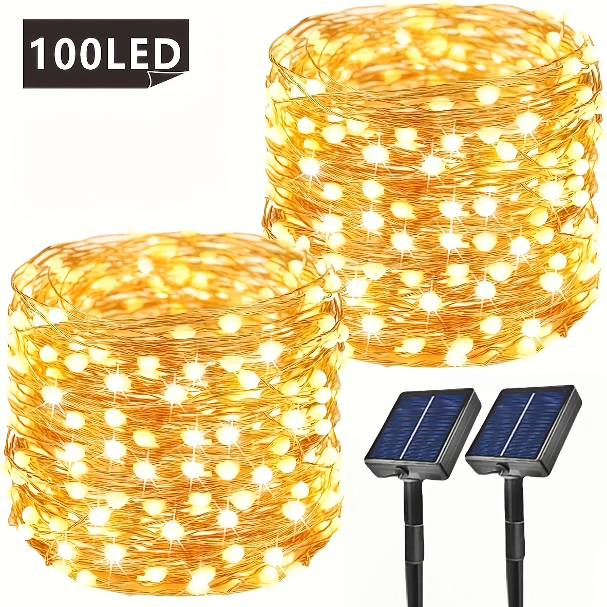 TEMU 2 Packs Of Ip54 Lithium Battery Copper Wire 7.01/11.89/21.95/31.7 Meters 50/100/200/300 Led Outdoor Solar String Lights, Featuring 8 Tale ,