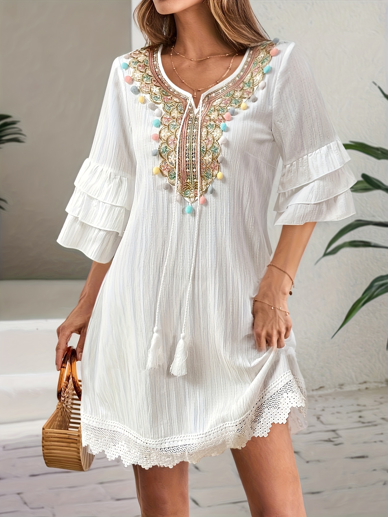 Women'S Stylish V-Neck Dress with Colorful * Embellishments