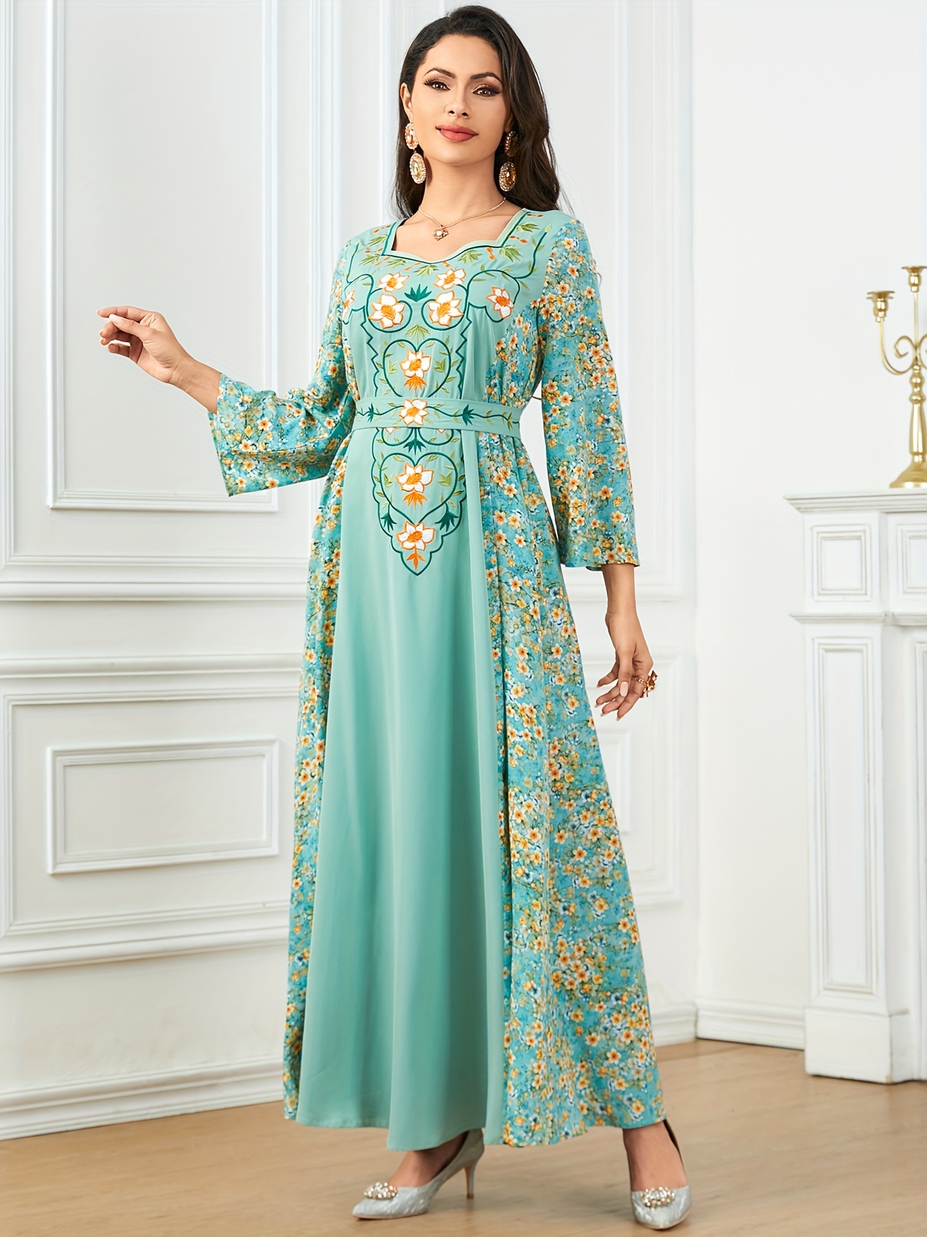middle eastern inspired floral print embroidered long sleeve - Temu