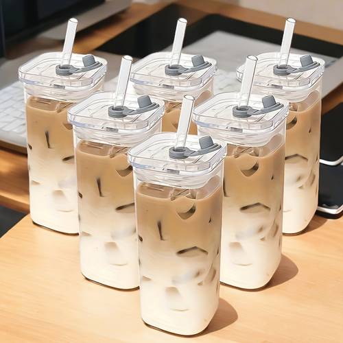 4pcs 6pcs straw square glass drinking cup with lid iced coffee cup cute anti dump cup travel workout hydration suitable for anniversary holiday gifts dinner