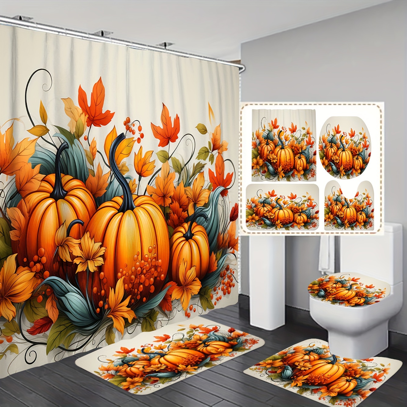 

Fade-resistant Maple Leaf & Pumpkin Bathroom Set - Includes Shower Curtain, Non-slip Rug, U-shaped Mat, And Toilet Lid Cover (1/3/4pcs)