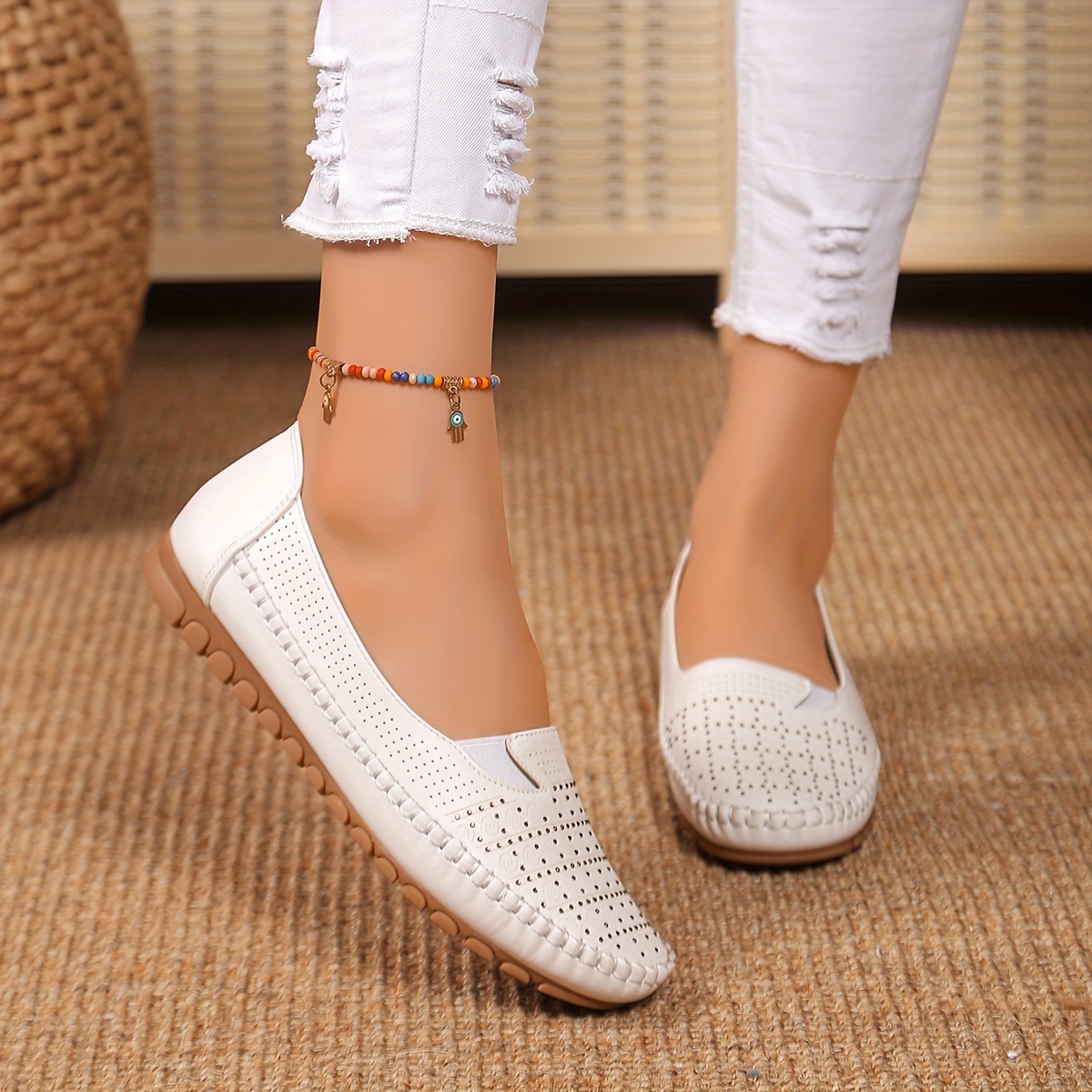 White Minimalist Slip-On Flat Shoes for Women Lightweight Round-Toe  Comfortable Everyday Flats with Perforated Design, Soft Synthetic Cover  TPR
