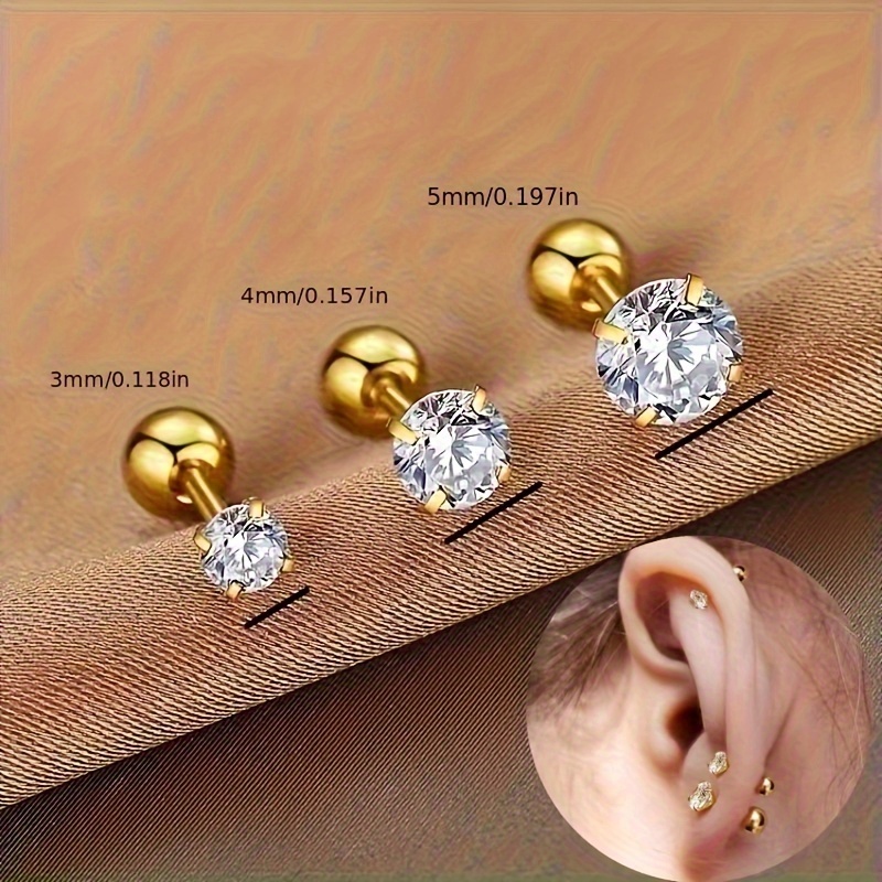 Cubic Zirconia Stud Earrings for Men, Threaded