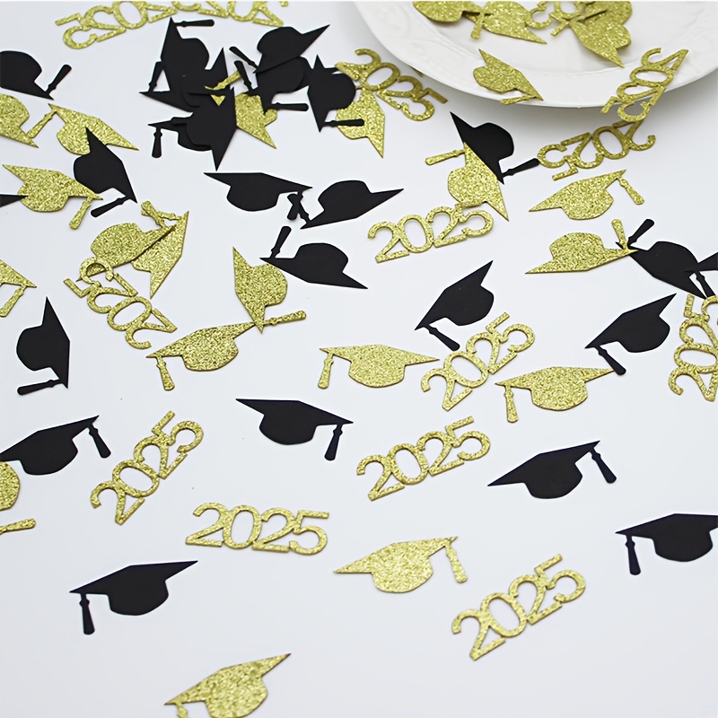 

100pcs 2025 Black & Golden Graduation Cap Confetti - Elegant Paper Decor For Graduation Party Tables, Celebratory Event Supplies, Graduation Party Decor|decorative Confetti|glittery