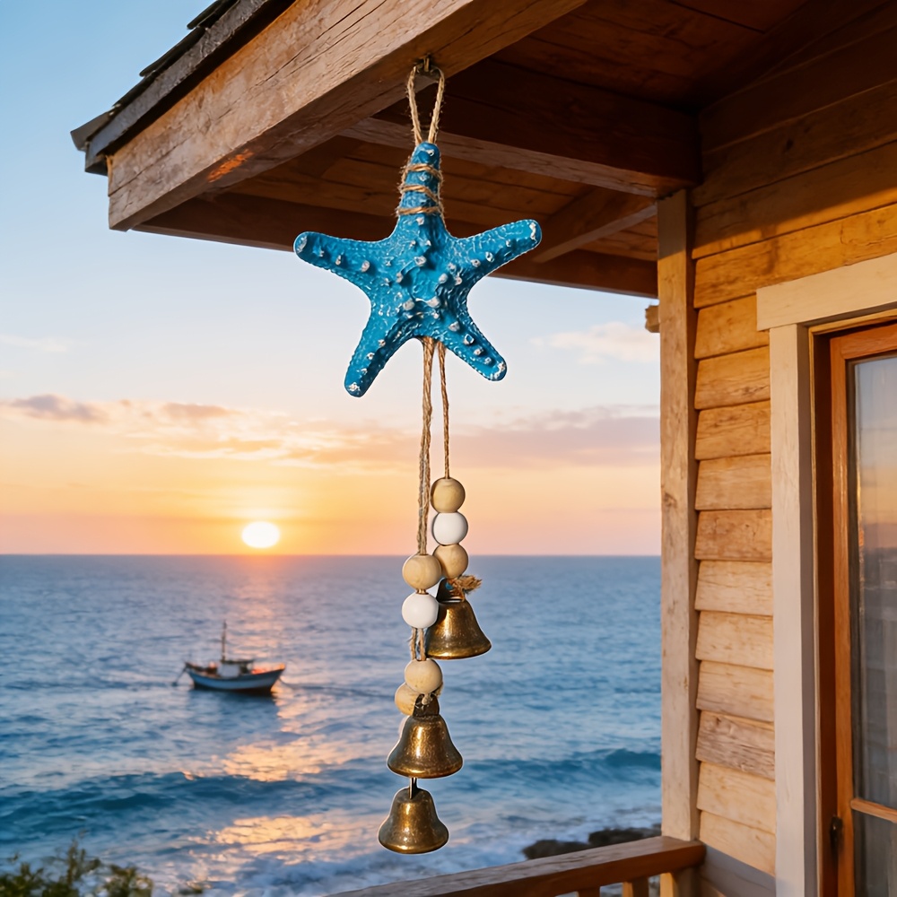 E-shop Küstenharz Seestern Windspiel mit Glöckchen - Nautische Stranddeko für Zuhause, Terrasse, Veranda | Seestern, Holzperlen, Rustikale