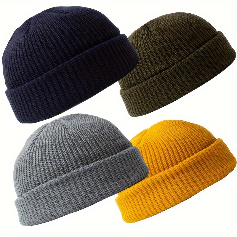 TEMU 4-pack Unisex Mini Beanie Hats - 100% Knit Fabric Fisherman Caps, Short Ribbed Skull Caps, Lightweight Warm Winter Headwear