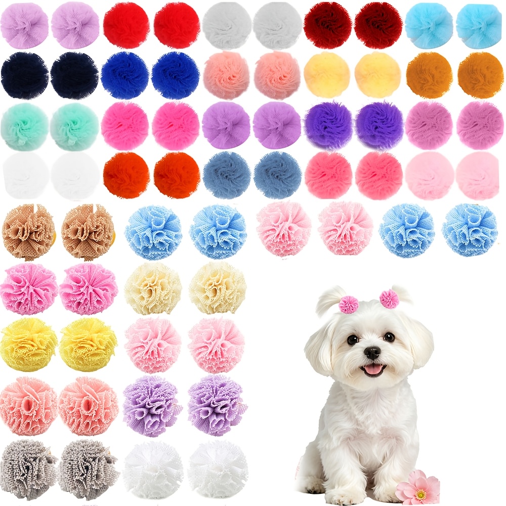 TEMU 60pcs Pastel Mesh Flower Dog Hair Bows, Pet Hair Ties With Elastic Bands, Cute Pom-pom Style Grooming Accessories For Small Dogs, Cats, Puppy,