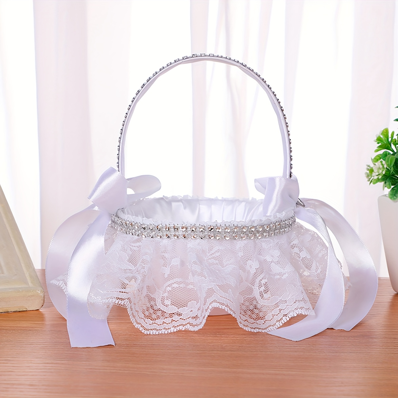 E-shop Weißer kleiner Korb, Braut Hochzeit Spitze Canvas Spitze Schleife Handlicher Hochzeit Blütenblatt Werfekorb, Blumenmädchen Kleines Geschenk