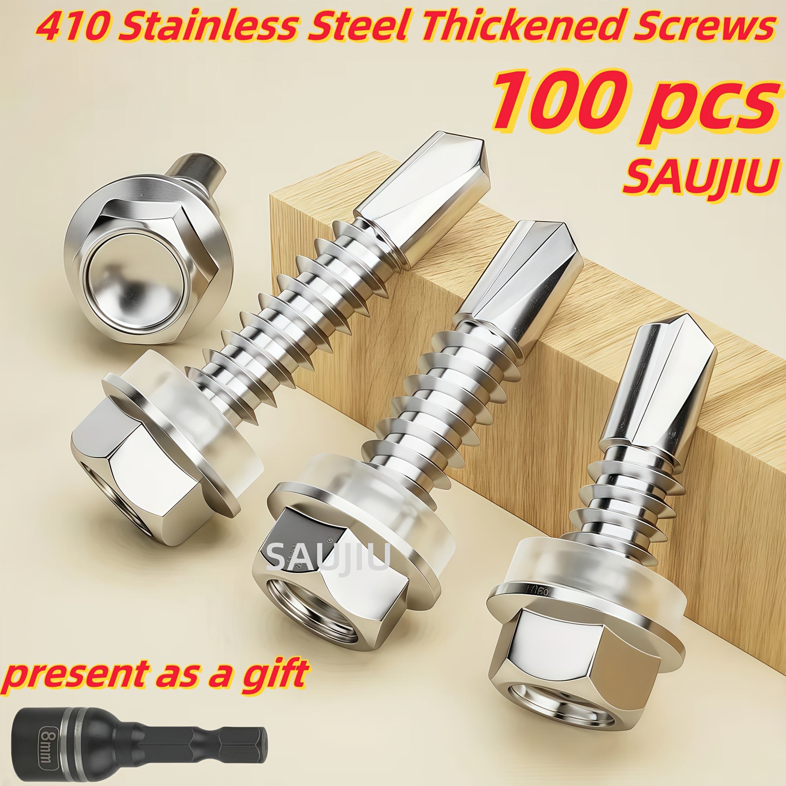 Image of 100pcs Hex Washer Head Tek Self-tapping Screws With Free Sockets, 5mm Coarse Thread For Metal/furniture, Magnetic, (19mm-50mm/0.75"-2"), Bulk Hardware Fasteners