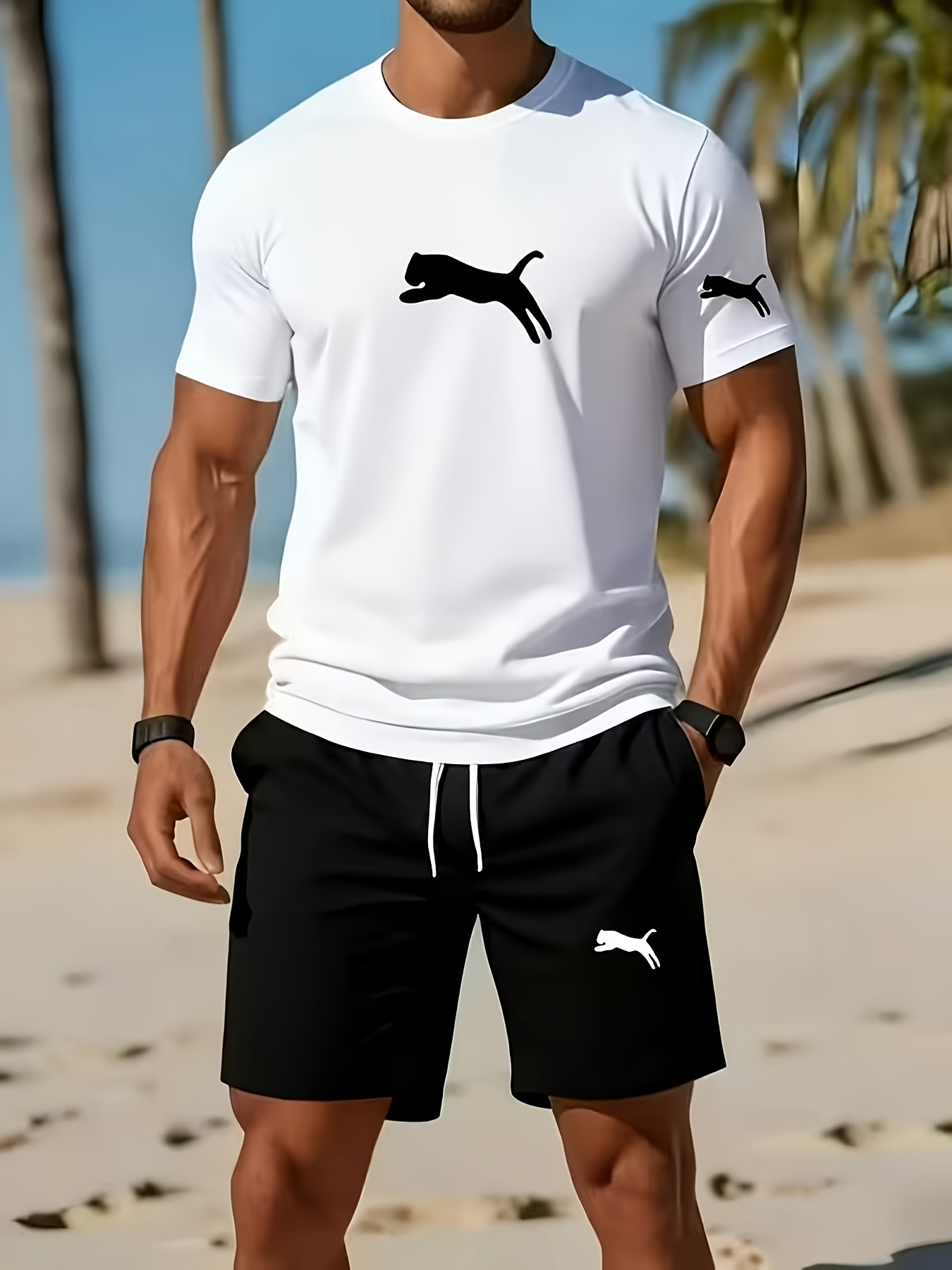 artikel foto Heren T-shirt met print en korte broek | Ronde hals, licht rekbare stof, normale pasvorm, casual stijl, alle seizoenen, met zakken