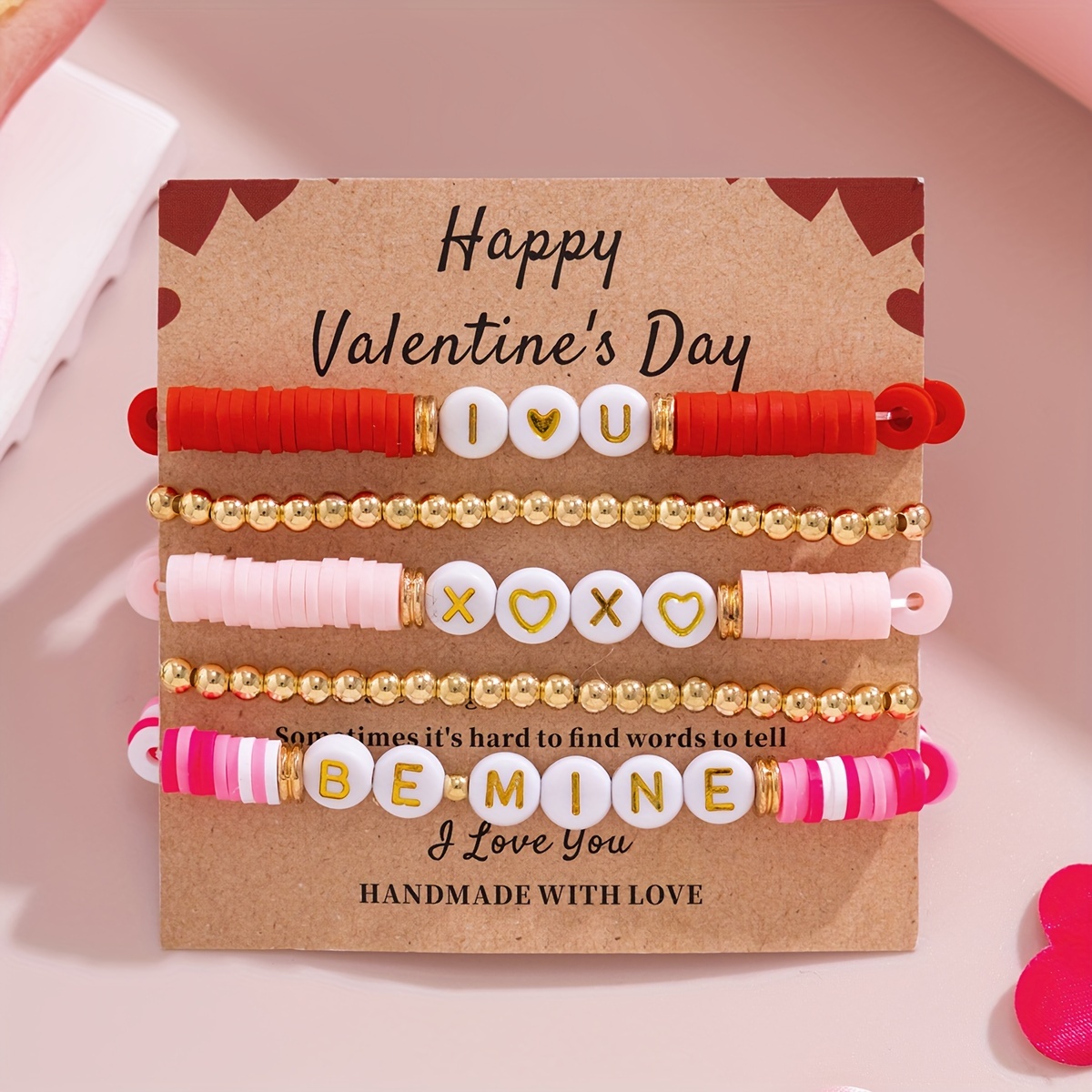 

5pcs Romantic & Chic Letter Bead Bracelet Set - Pink Clay & Golden Stretch, Perfect Valentine's Day Gift For Her