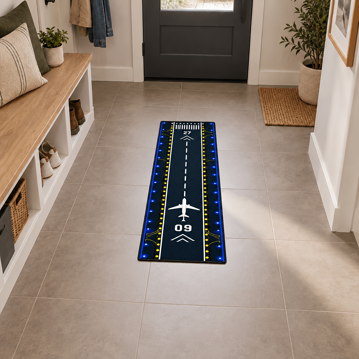 TEMU 1 pieza, Alfombra de pista de aeronave, Alfombra con estampado de avión azul, Alfombra decorativa luminosa con diseño de luz de aterrizaje para