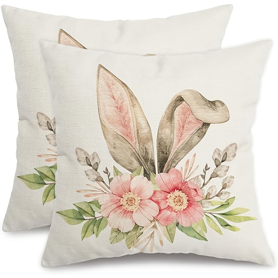 

2pcs Easter Pillow Covers With Rabbit And Floral Designs, 100% Linen Zippered Decorative Spring Cases For Home Sofa Or Couch, Holiday Farmhouse Decorations