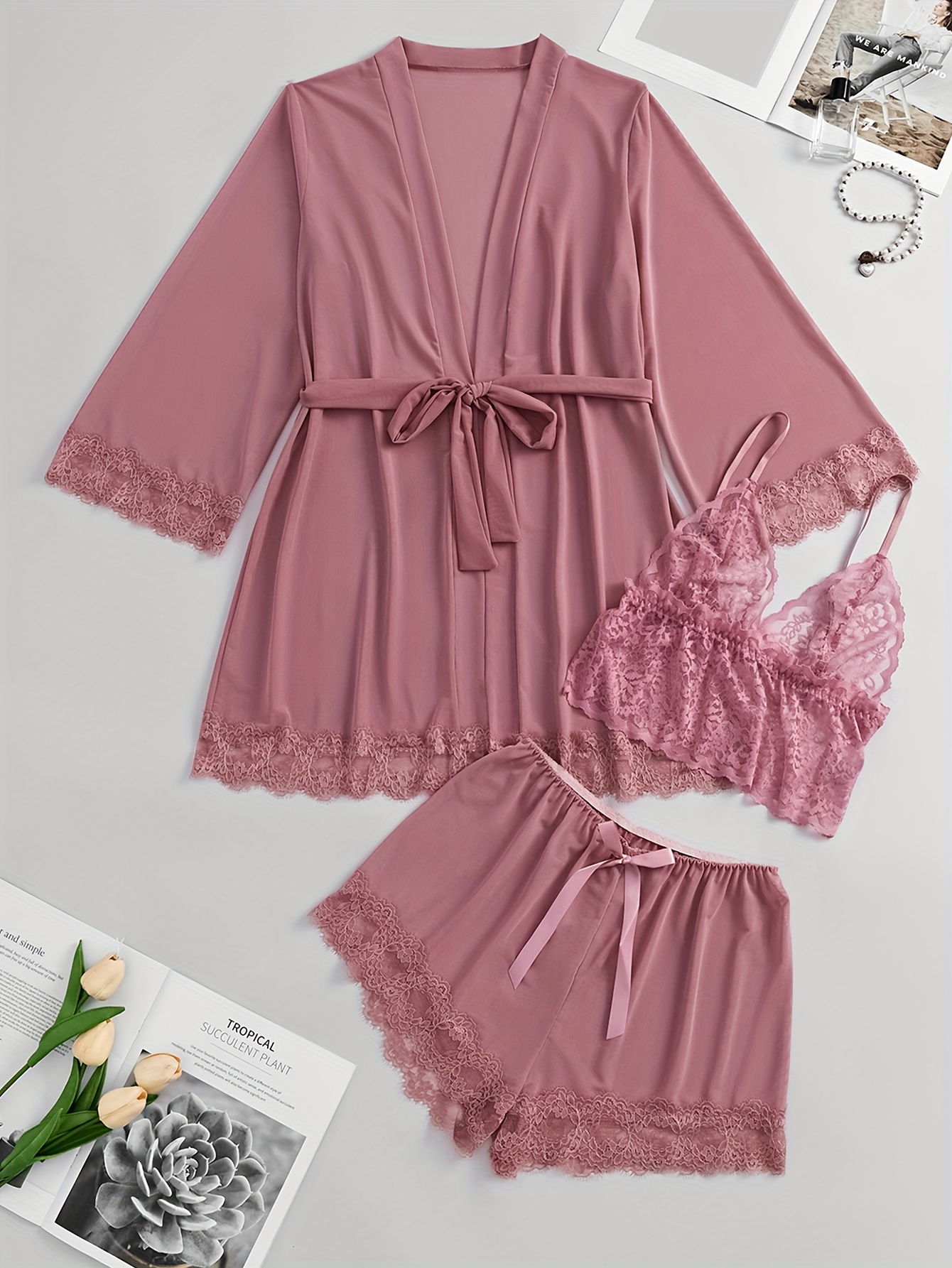 Contrast Lace Pajama Set, Long Sleeve Lace up Robe & V Neck Cami