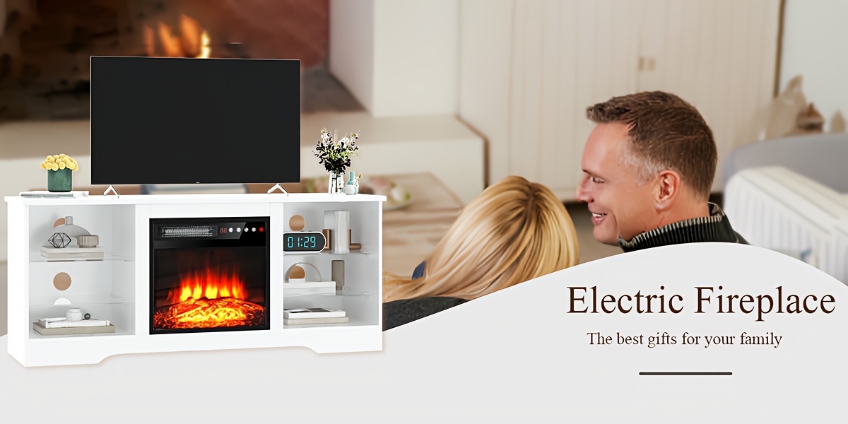 Fireplace TV Stand with 18-Inch Fireplace, Modern Entertainment Center for Tvs Up to 65 Inches, Media TV Console with Adjustable Glass Shelves And Storage Cabinets, Farmhouse TV Stand for Living Room