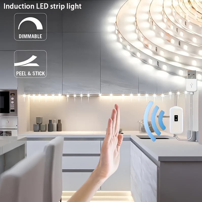 Tira de luces LED con sensor de movimiento, luz cálida/luz blanca, 5V, alimentada por USB, brillo ajustable, decoración inteligente para el hogar, flexible, fácil de instalar, adecuada para salas de estar, pasillos, gabinetes, decoración del hogar e iluminación de dormitorios
