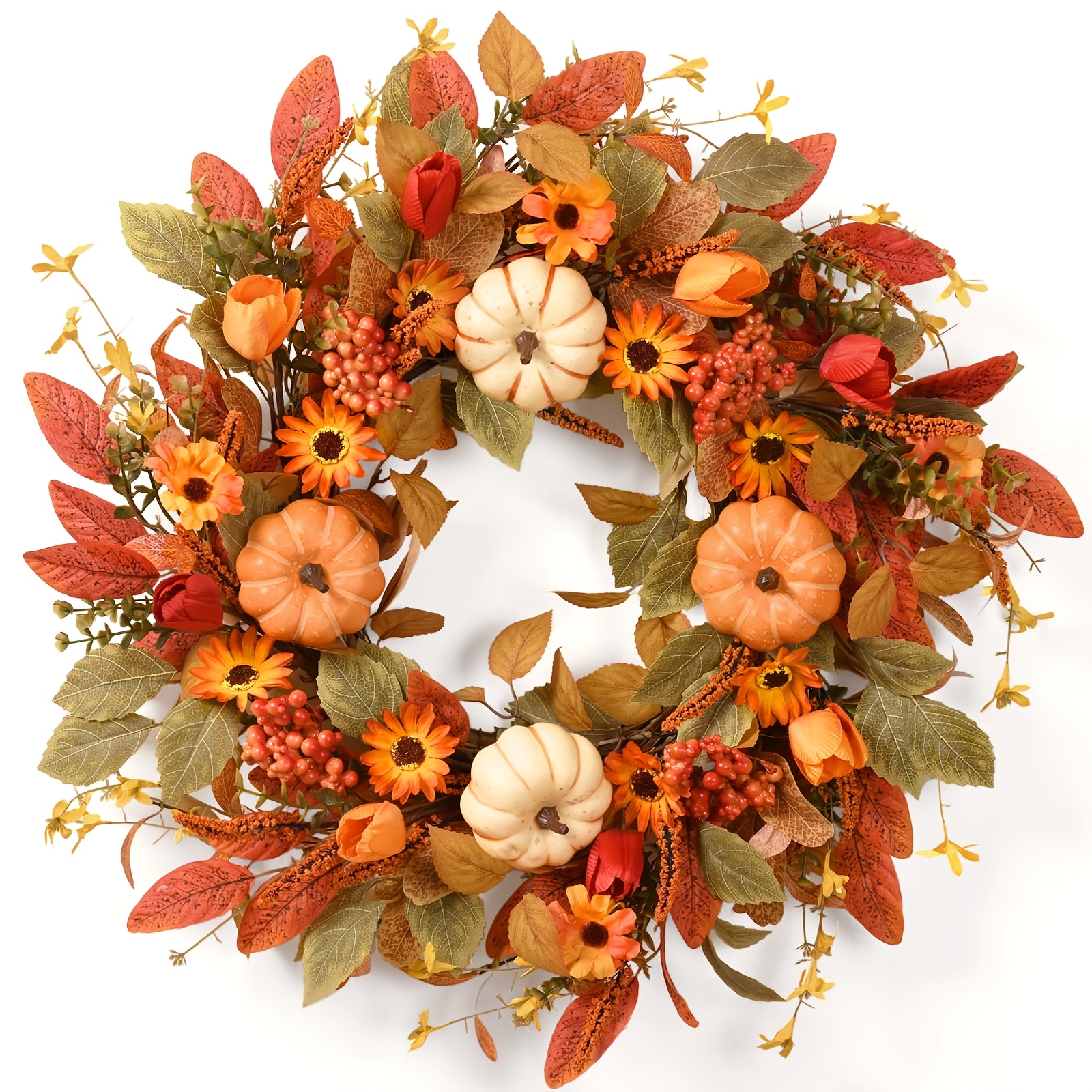 TEMU 1pc Autumn Front Door Wreath, 22-inch Autumn Wreath With Pumpkins, Suitable For Indoor And Outdoor Porch Thanksgiving Farmhouse Harvest