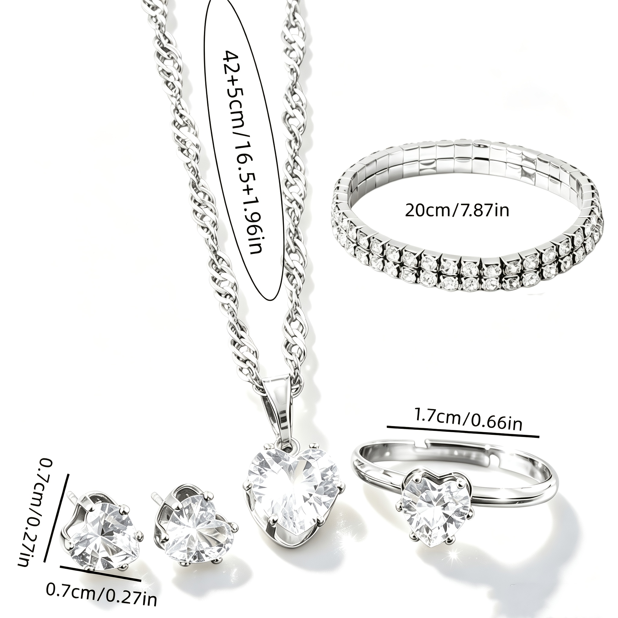 TEMU 4pcs Set Luxury Women's Jewelry Set, Including Double-row Bracelet, Necklace, Earrings, And Ring, Featuring A Sparkling Silvery , Made From