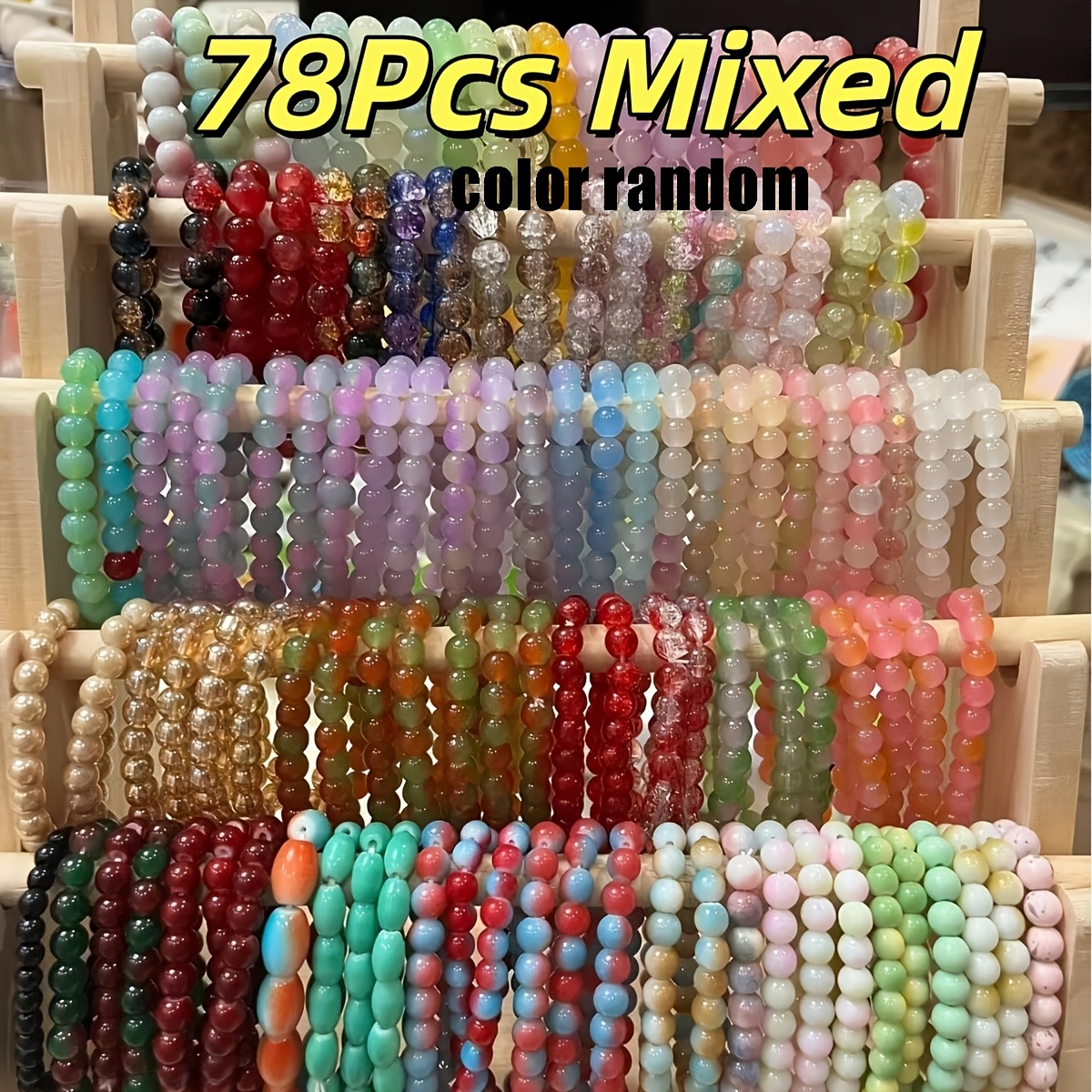 Image of 78pcs Random Color Glass Bead Elastic Bracelets - 8mm Smooth Spherical Beads, For Men And Women, Multicolor For Daily Wear, Favors, Gifting
