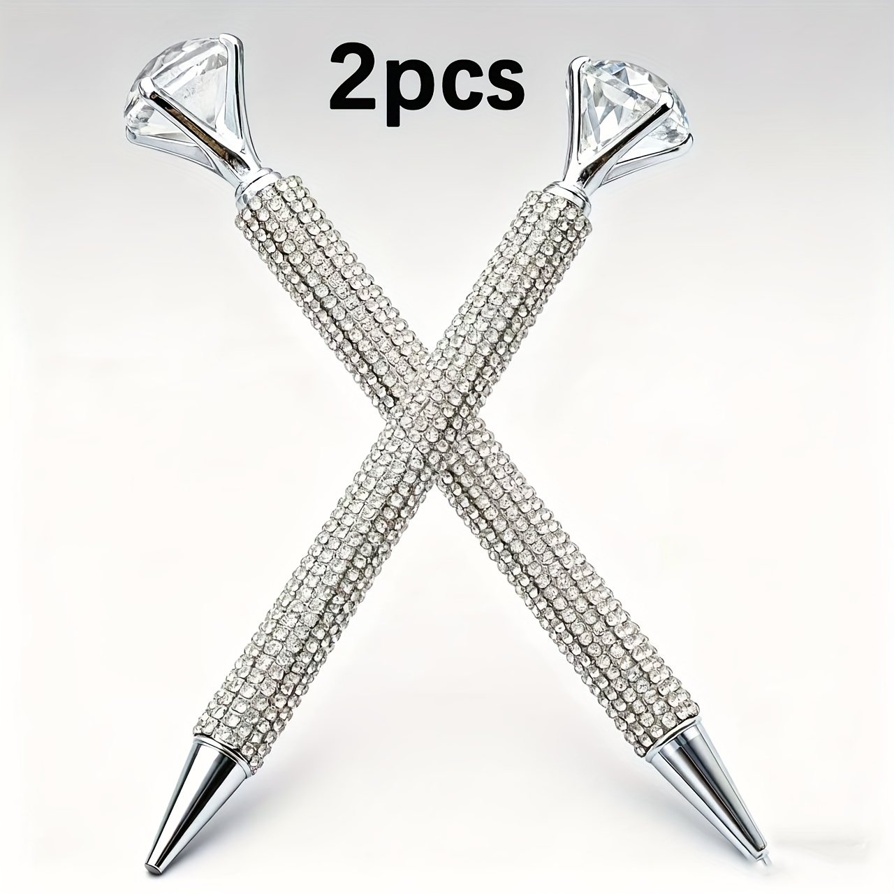 Image of 2pcs Large Diamond Pen With Crystal Shiny Rhinestone Metal Glitter Ballpoint Pen, 1.0mm Black Ink Pen For Wedding Bridal Shower Gift ( )