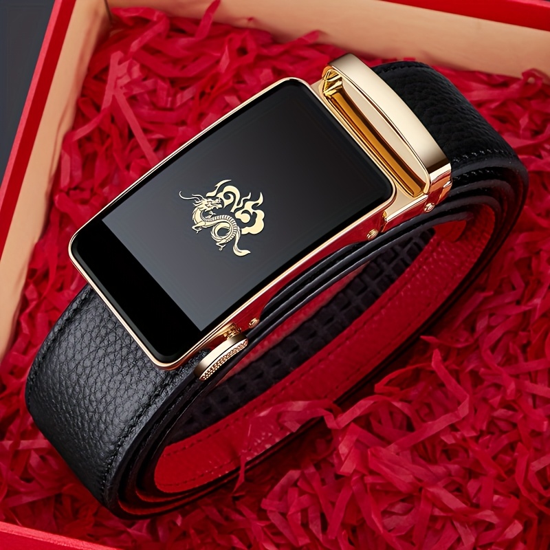 Dragon Pattern Leather Men's Belt w/Automatic Buckle for Casual/Formal Wear