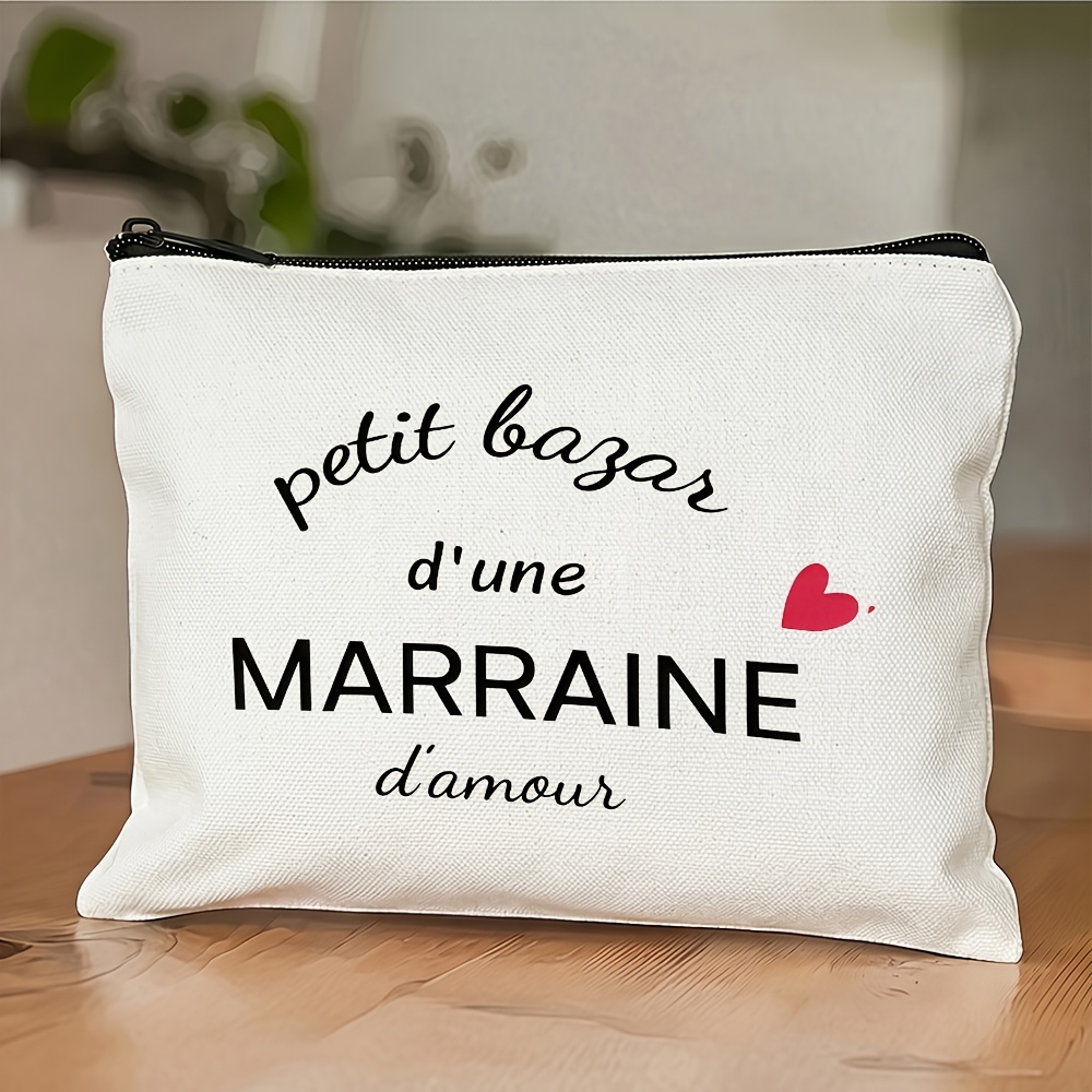 TEMU 1pc "Petit MARRAINE Tante Écriture Manuscrite Superposée Cœur Rouge" Sac de Cosmétique Imprimé, Organisateur de Cosmétique Léger , Écriture
