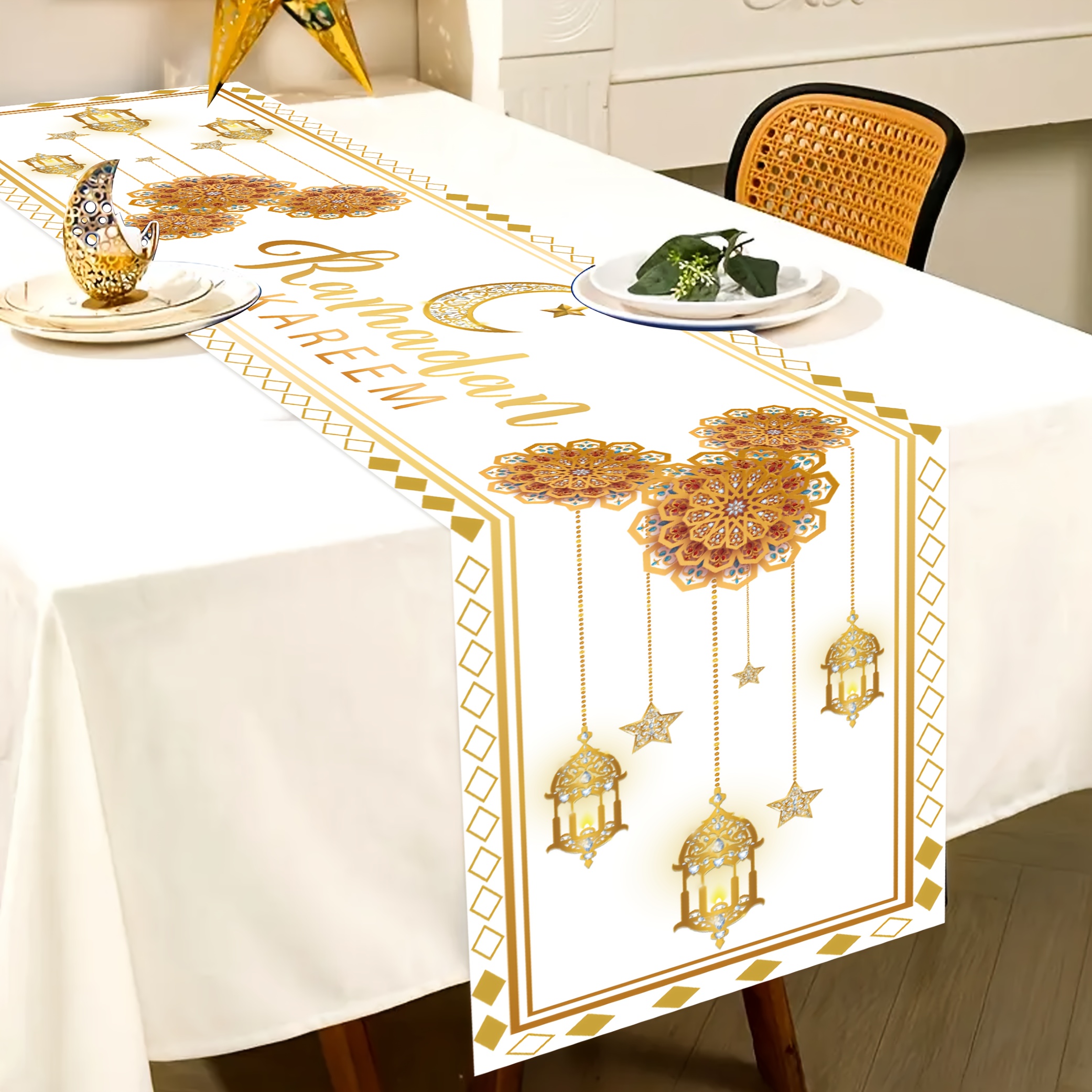 

1pc Chemin de table Eid al Fitr en - 180cm x 35cm, polyester , fabriqué à , décoration pour et , fournitures pour de l'Aïd