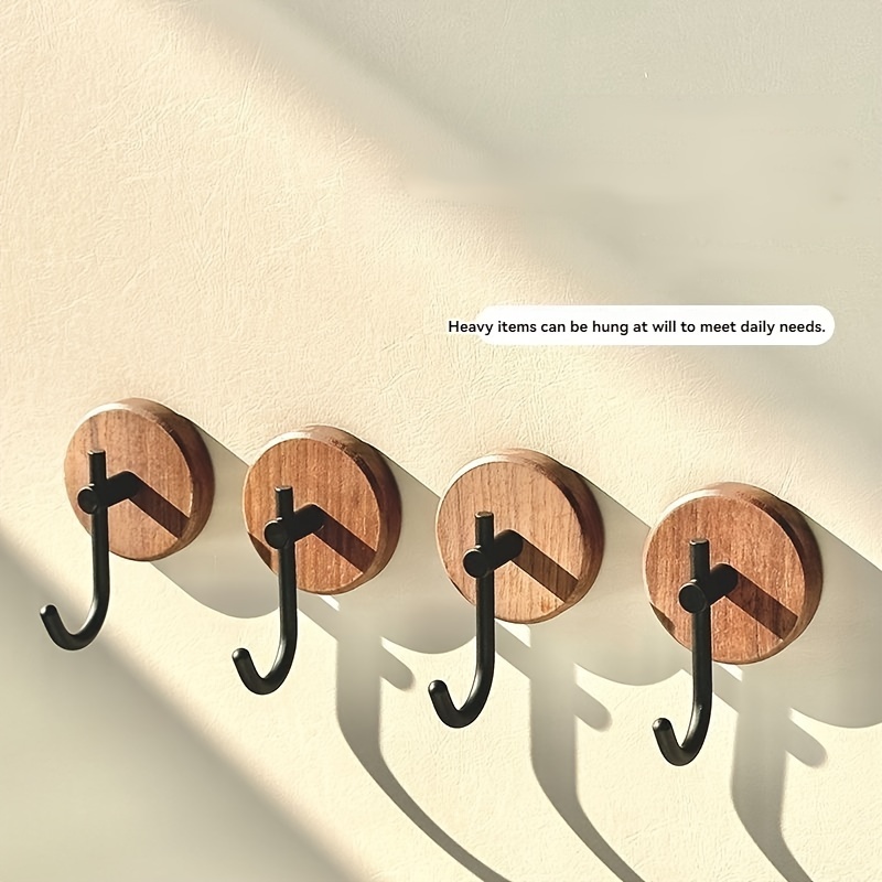 

Walnut Wood Coat Hooks Wall Mounted - Fashion Style, Strong Adhesive, Easy Install, No Drilling Required For Entryway, Bathroom, Door - Heavy Duty Wooden Hooks