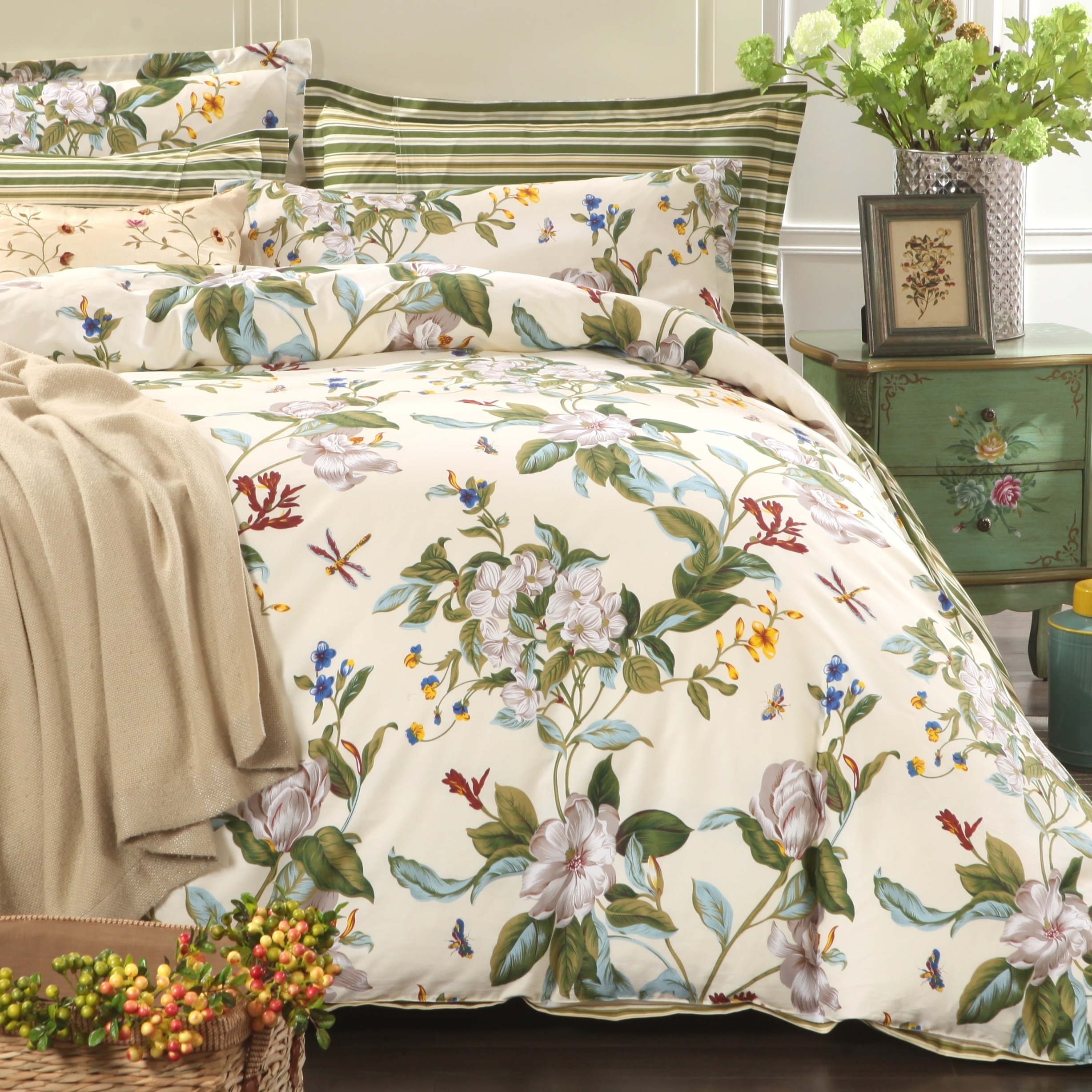 

100% Cotton Floral Duvet Cover Set 100% Cotton Shabby Vintage Reversible Green Comforter Cover Luxury Soft Breathable Farmhouse Bedding 3pcs