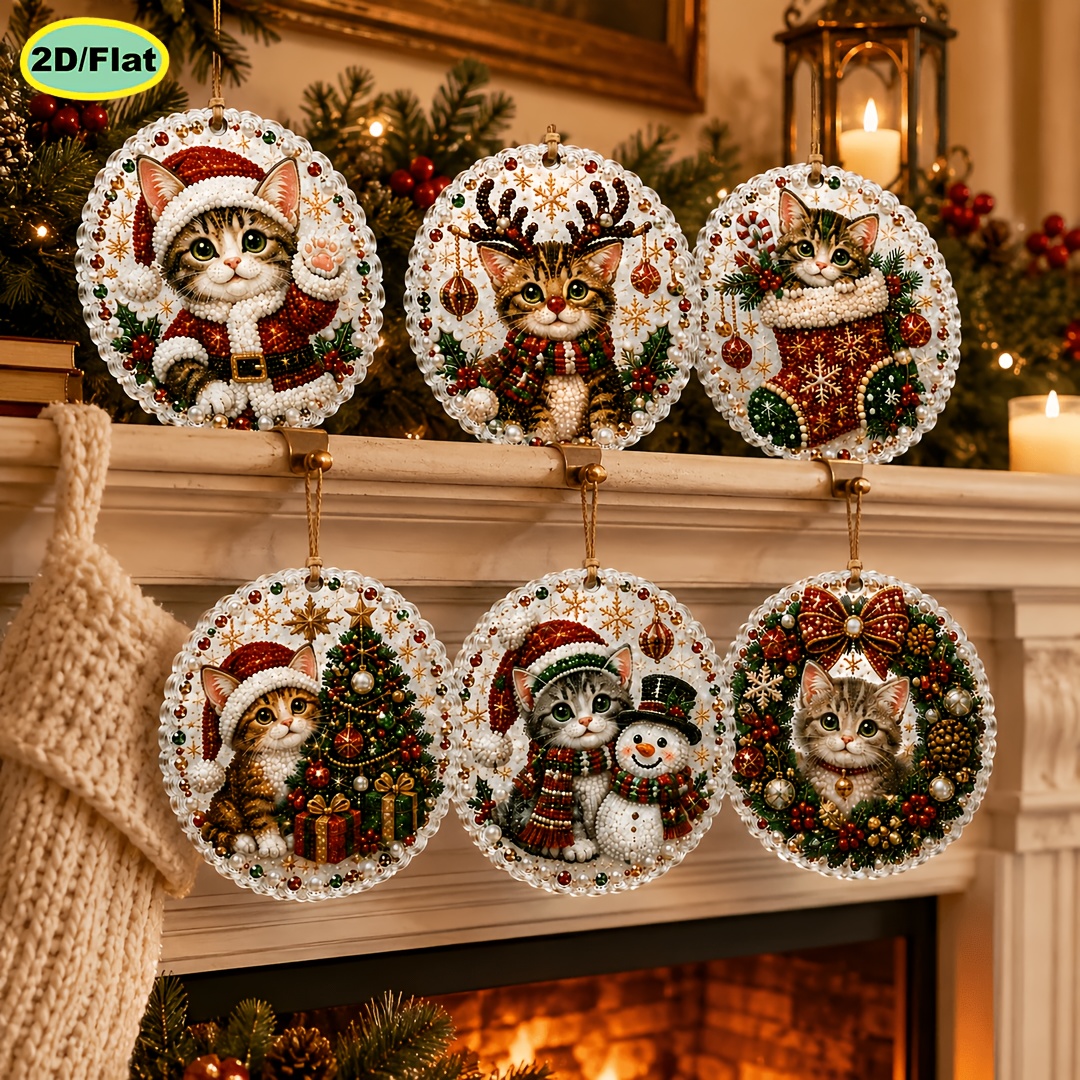 TEMU Ensemble de 6 pendentifs-étiquettes en bois pour peinture diamantée perles, thème chaton de Noël, impression 2D plate , ensemble complet de 3,07