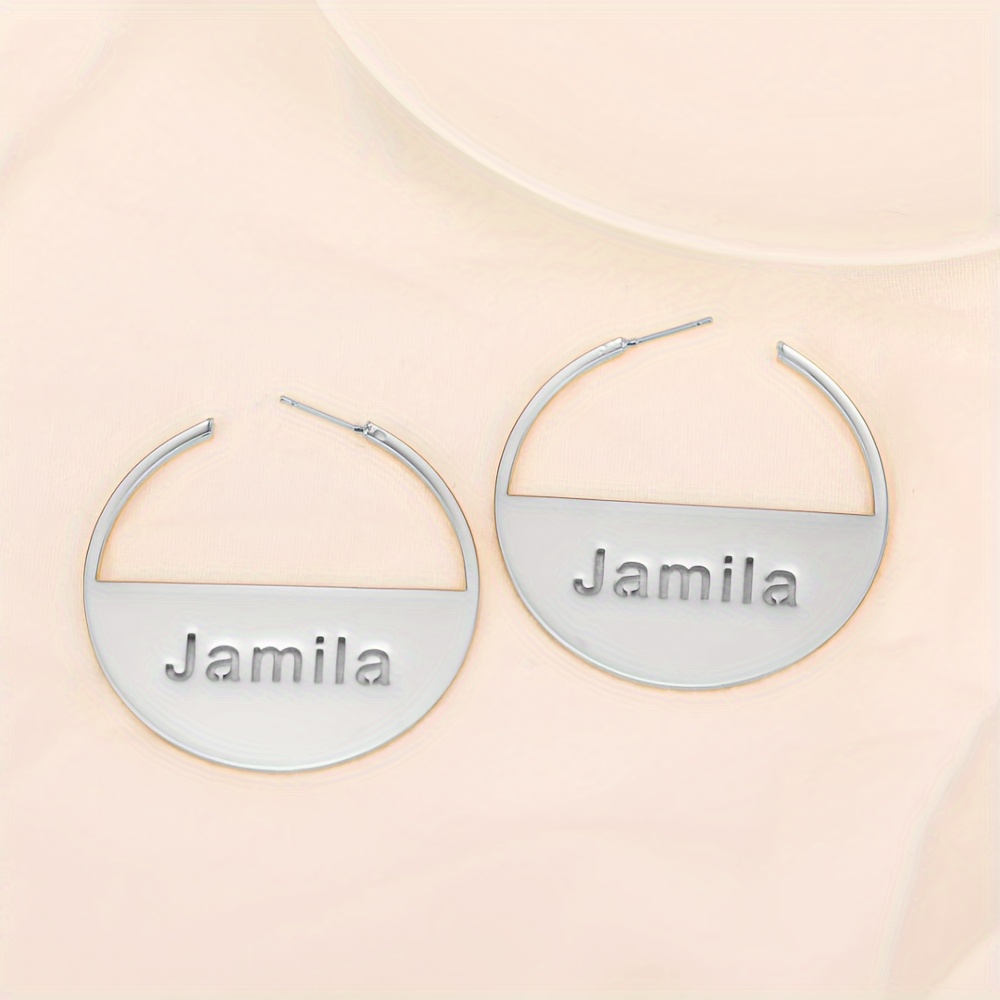 TEMU Customized Semi- Name Hoop Earrings, Personalized Simple Hollowed-out Name Stainless Steel Golden Women's Popular Jewelry Accessories Language English Only