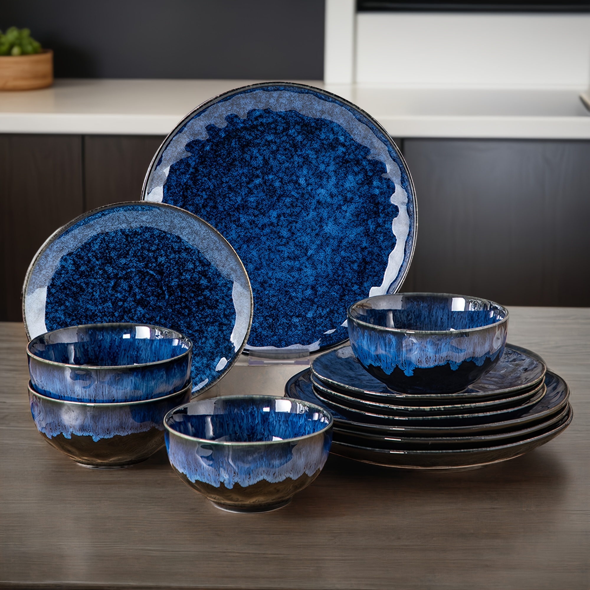12pcs Starry Blue Reactive Glaze Dinnerware Set With Dinner Plate, Dessert Plate, And Cereal Bowl, Service For 4