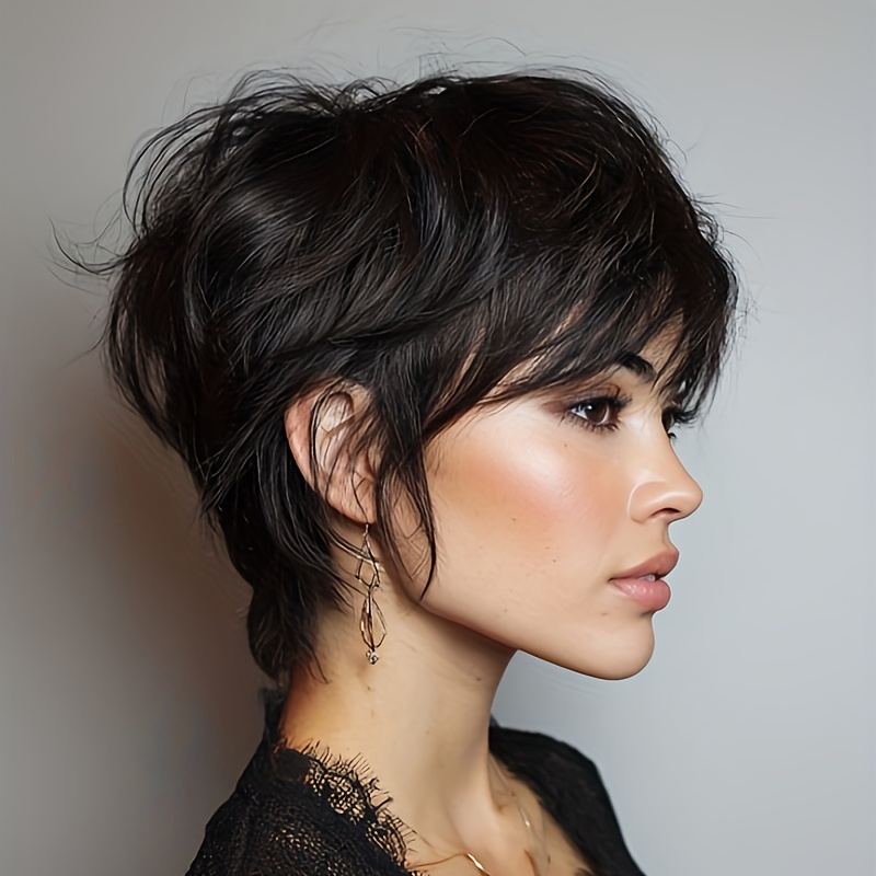 TEMU Short Cut Wig Made From Brazilian Human Hair, Featuring Black Color And Layered Design, With 180% Density And A Net (no Adhesive) Suitable For Everyday Use, Ideal For And African Individuals